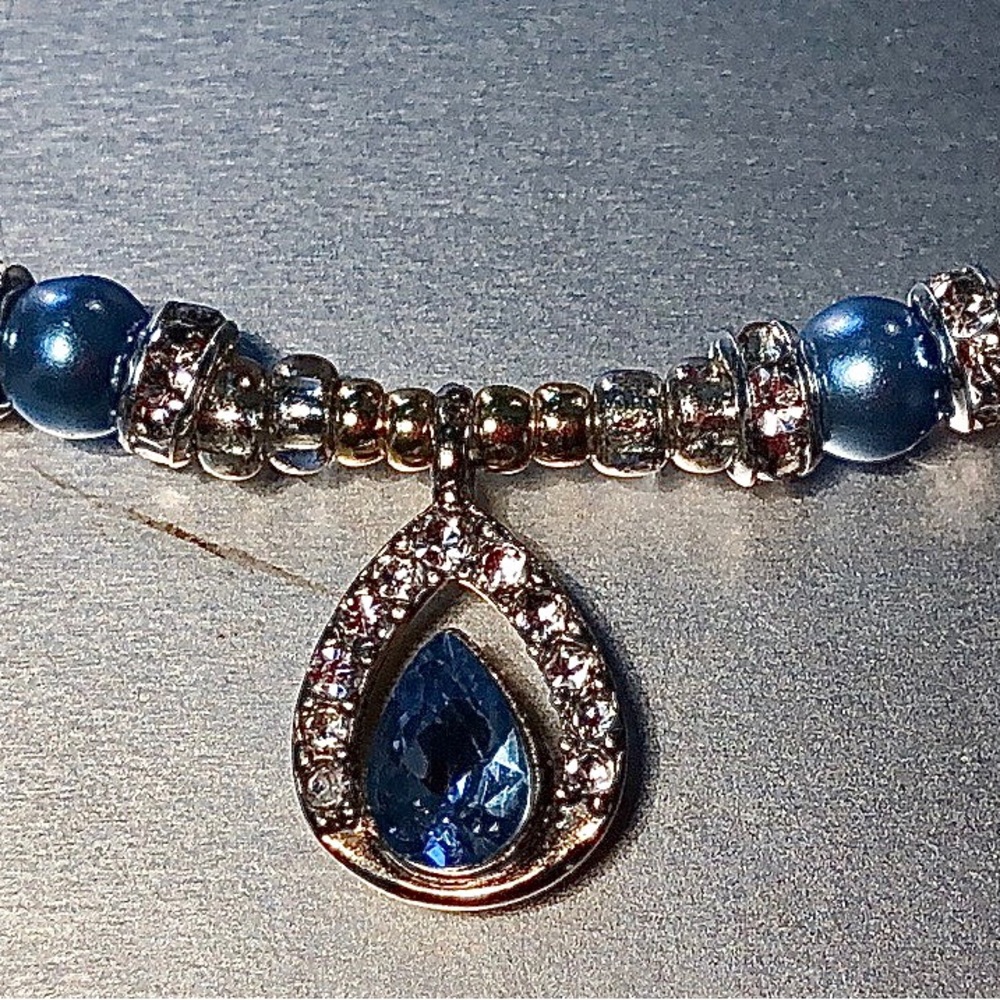 HAND CRAFTED Silver Gold Blue rhinestone pendant necklace Upcycled Vintage - Picture 1 of 6